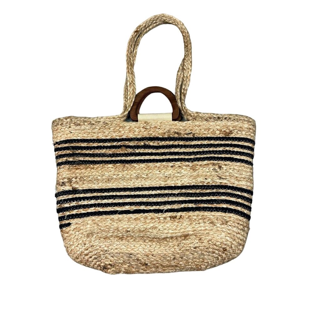 Magid Jute Straw Black Striped Accent Tote With Wooden‎ Handles